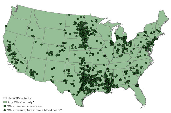 Map of West Nile incidents in the USA.