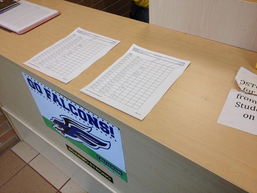 Students sign in at the security desk when the come in after a hybrid hour.