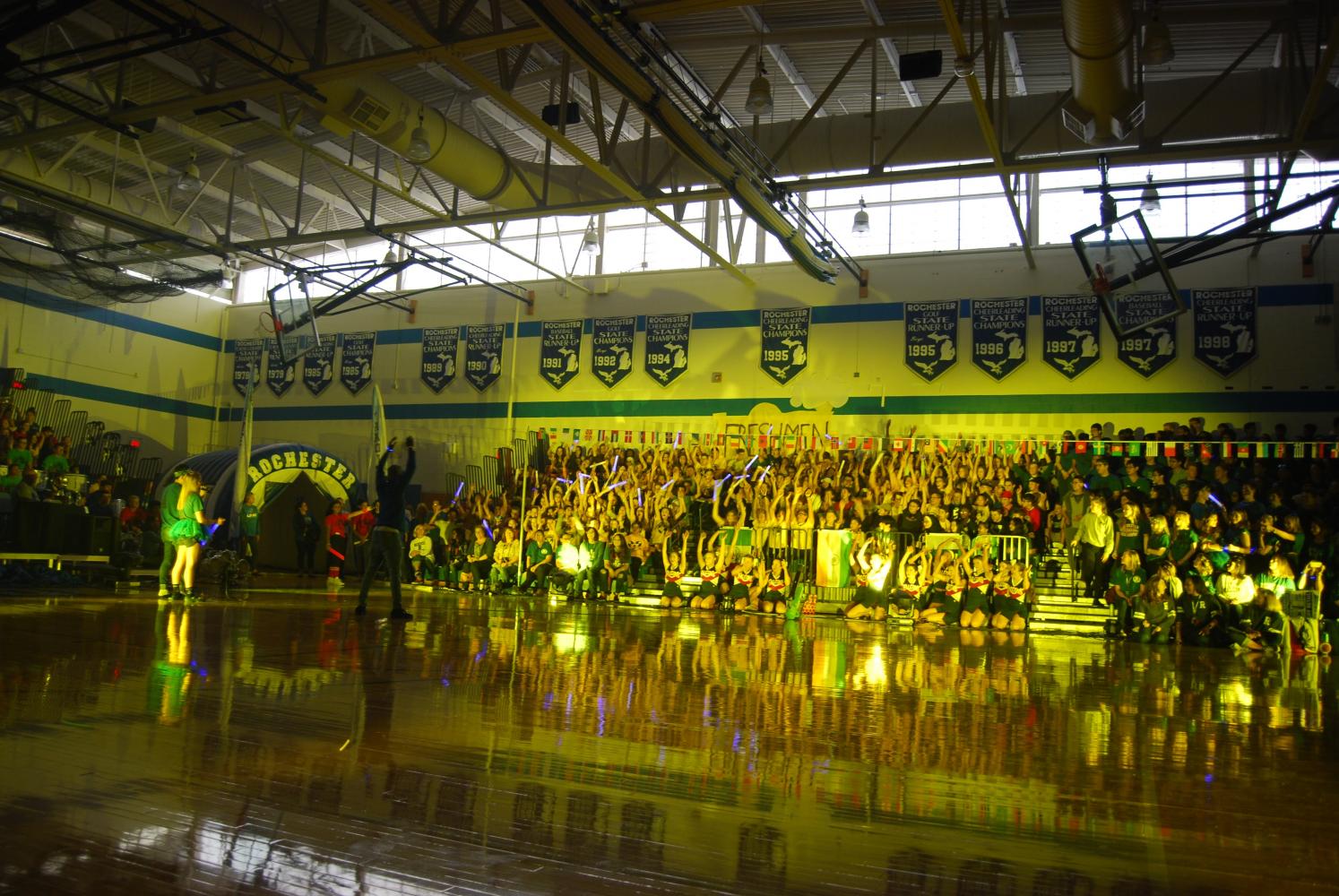 The freshman student section participate in