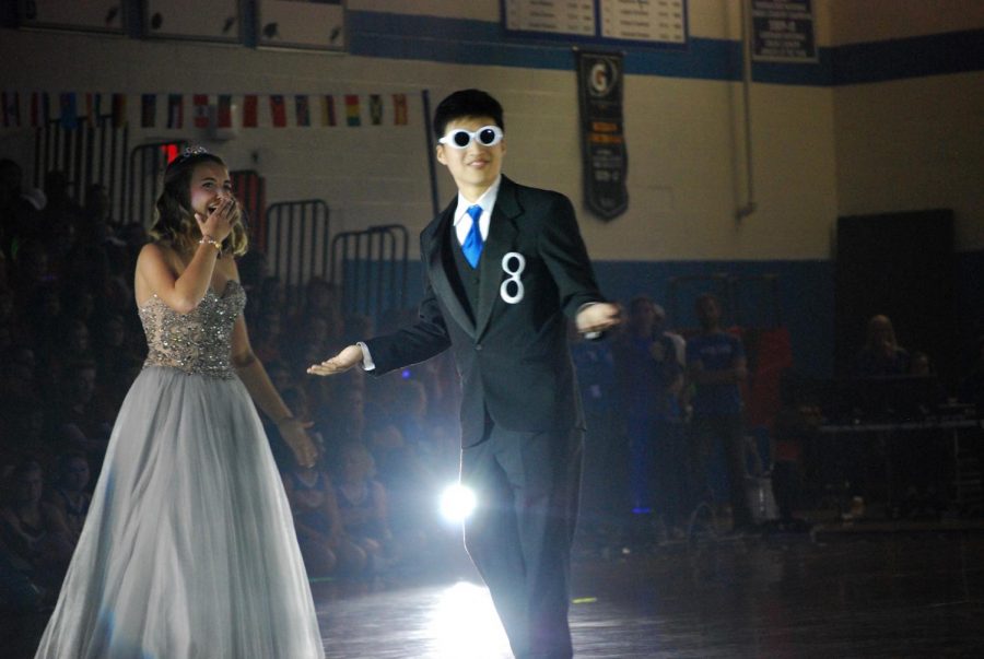 Seniors Bria Mattson and Alex Lee shock the crowd during the homecoming pep assembly. 