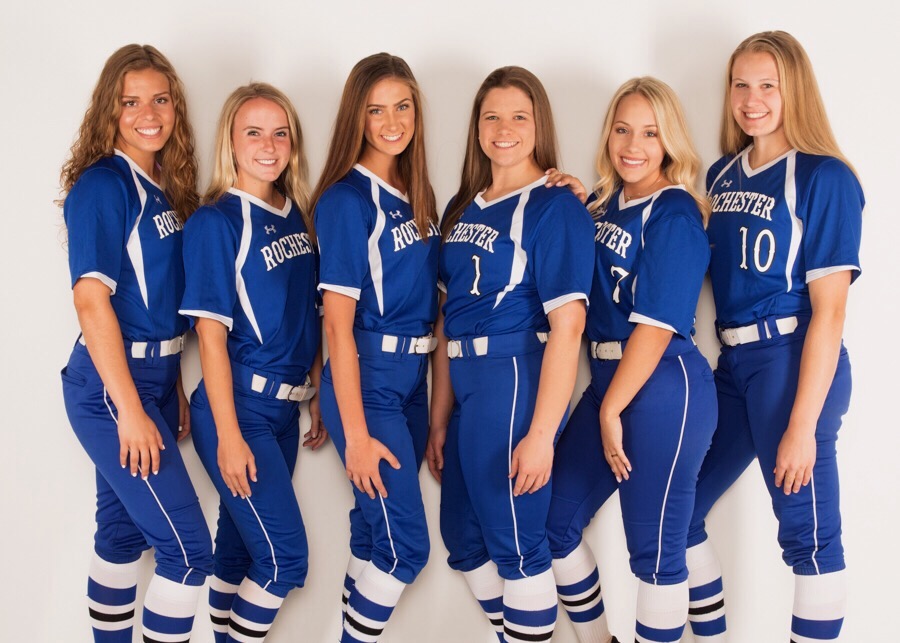 Senior members of the varsity softball team, who are preparing for their final two games of the year.