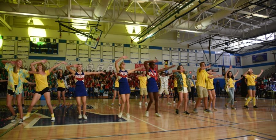 The+freshman+class+performs+their+lip+sync+dance+at+the+2018+Homecoming+Pep+Assembly.+Photo+courtesy+of+Ms.+Lizz+Russell.+